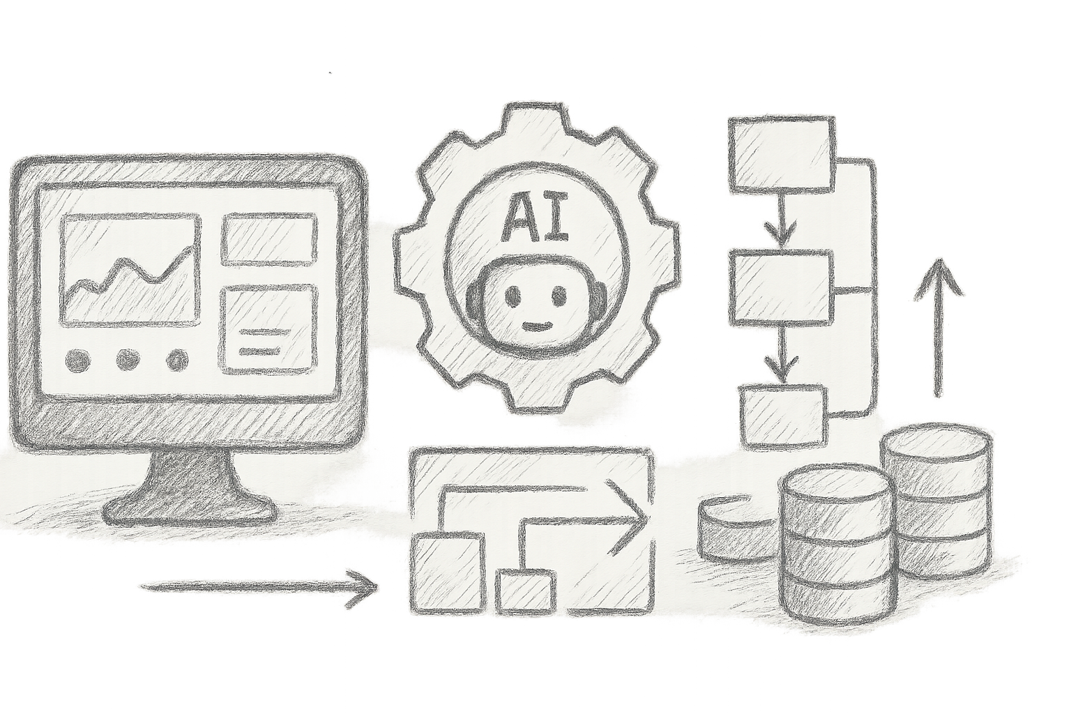 Illustration showing AI-driven autonomous database management with dashboards, automation pipelines, and scaling resources