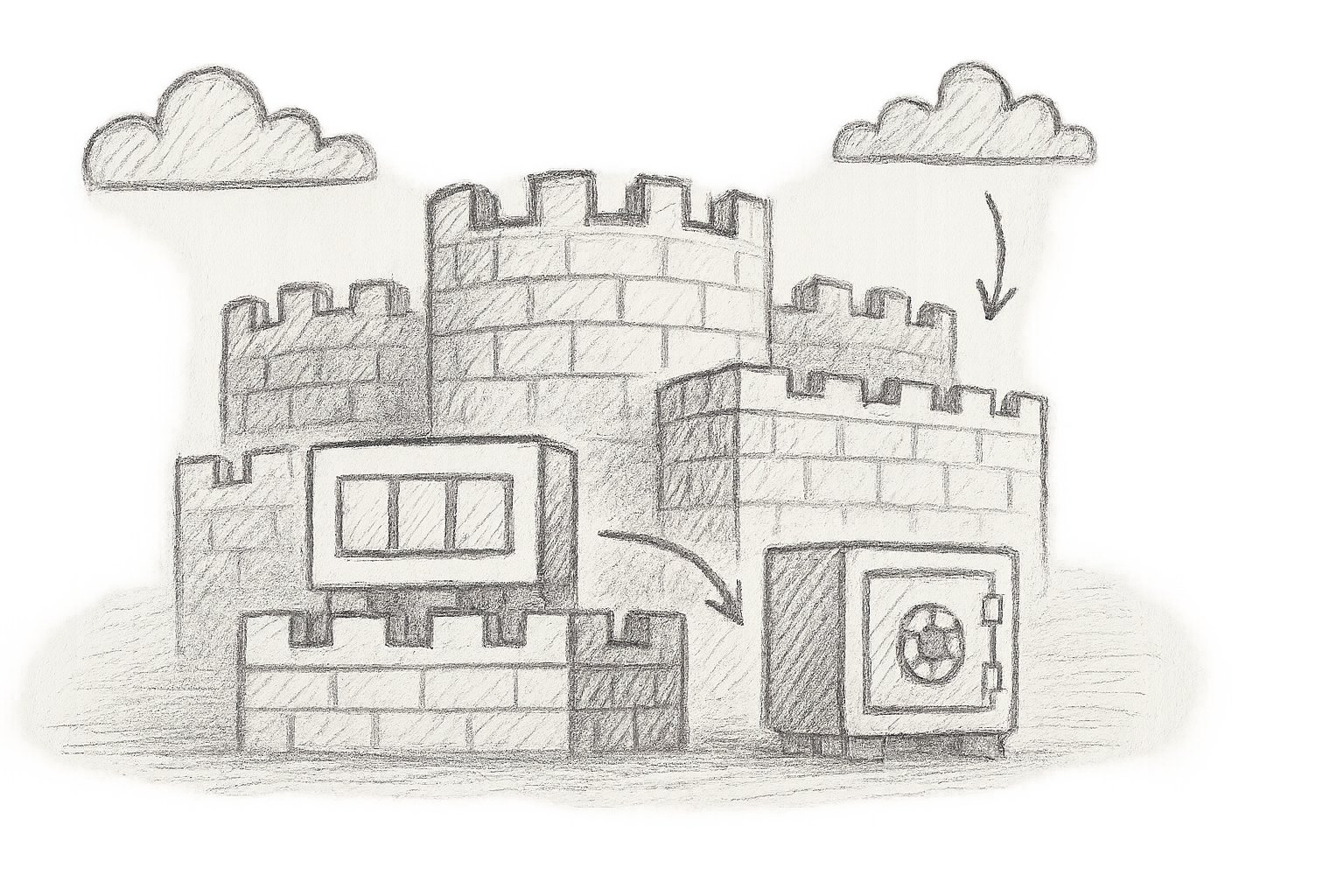 An abstract architectural diagram representing the layers of container security implemented with Dragonfly v2.3.0, showcasing various security protocols and processes depicted as fortified walls, with intelligent caching systems symbolising fast and safe deployments.