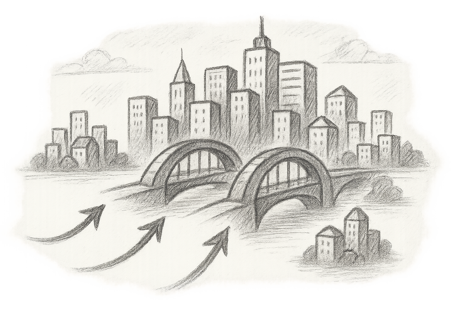 A cityscape representing different geographic nodes where user requests are funneled through architectural bridges representing load balancers.