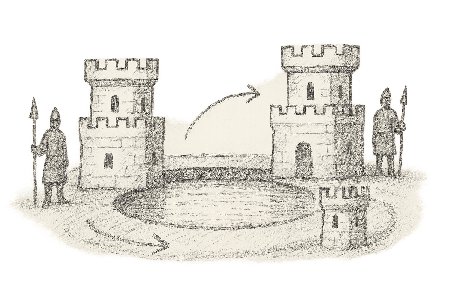 A detailed abstract representation of a disaster recovery architecture visualising backup systems as sturdy castles surrounded by a moat, automated testing processes as vigilant sentinels watching the surroundings, ensuring that any breach is caught immediately.