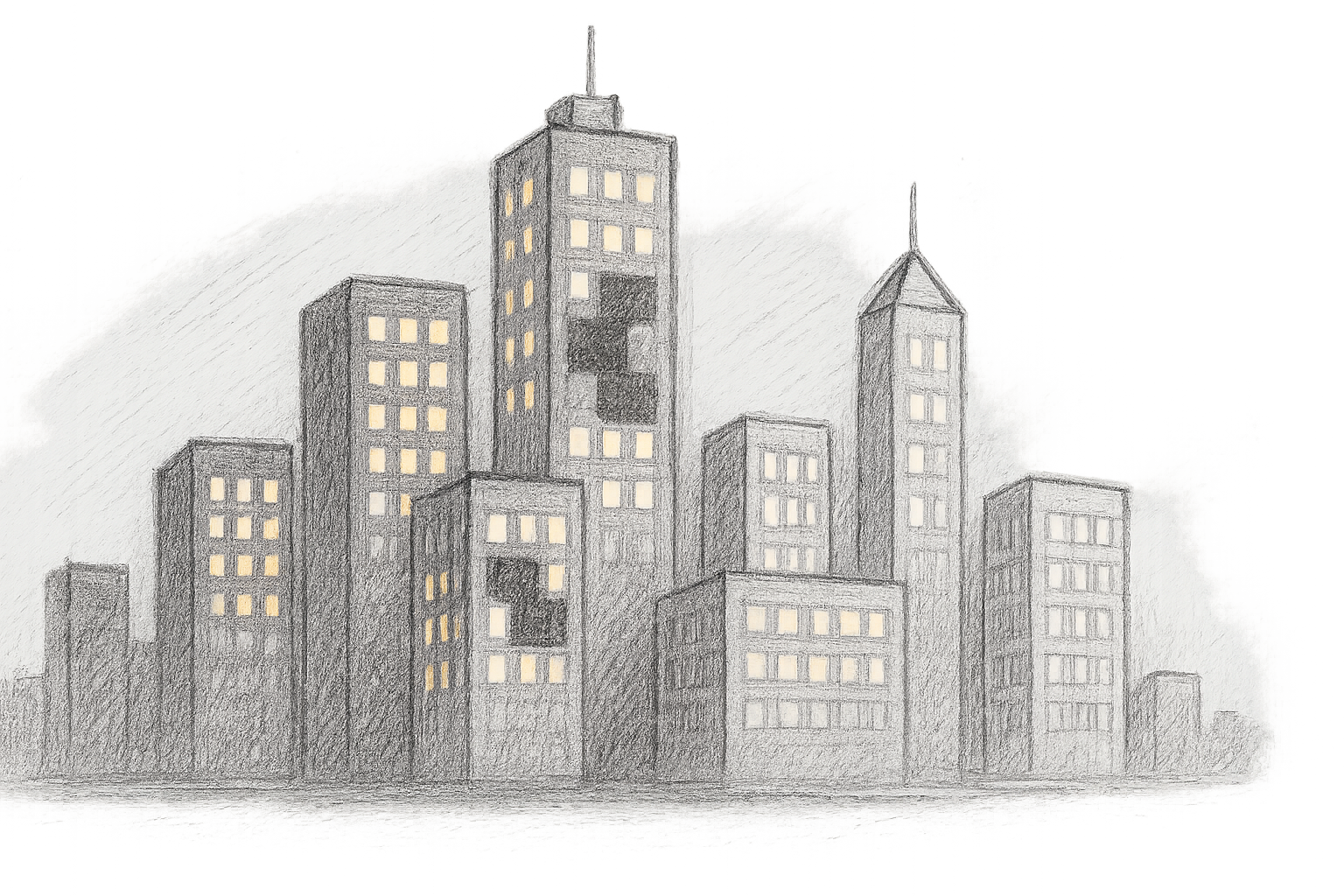 A metaphorical cityscape where compliance governance structures are skyscrapers, their lights indicating health and operational efficiency, while dark patches signify compliance risks needing immediate attention.