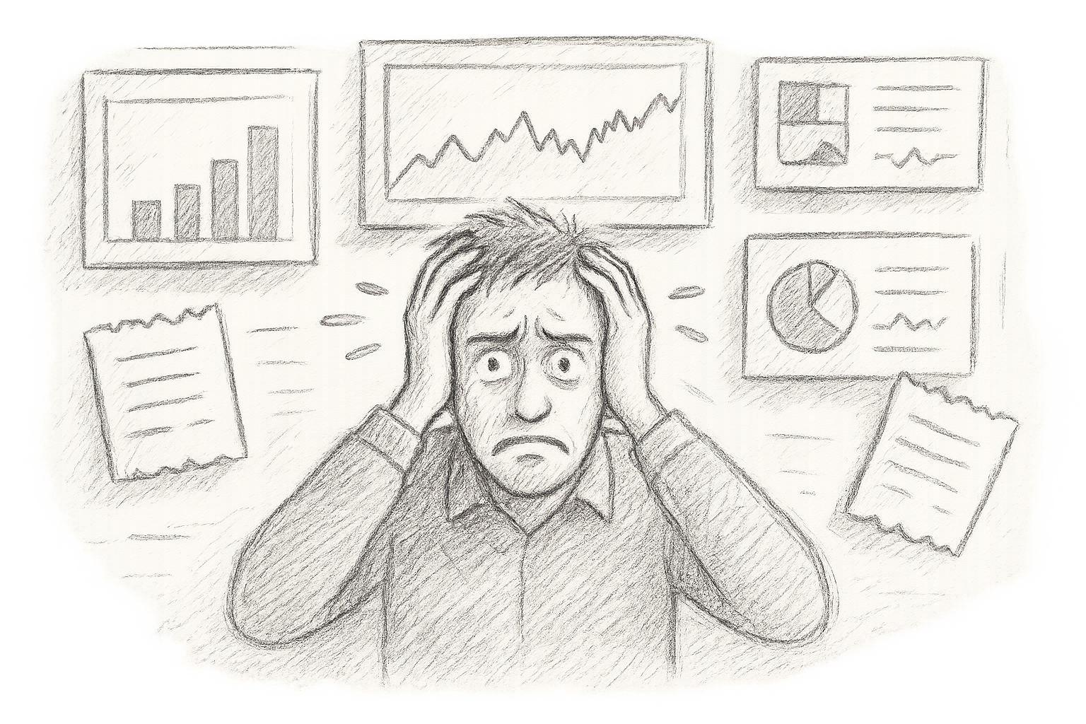 A stressed engineer surrounded by chaotic dashboards and billing statements