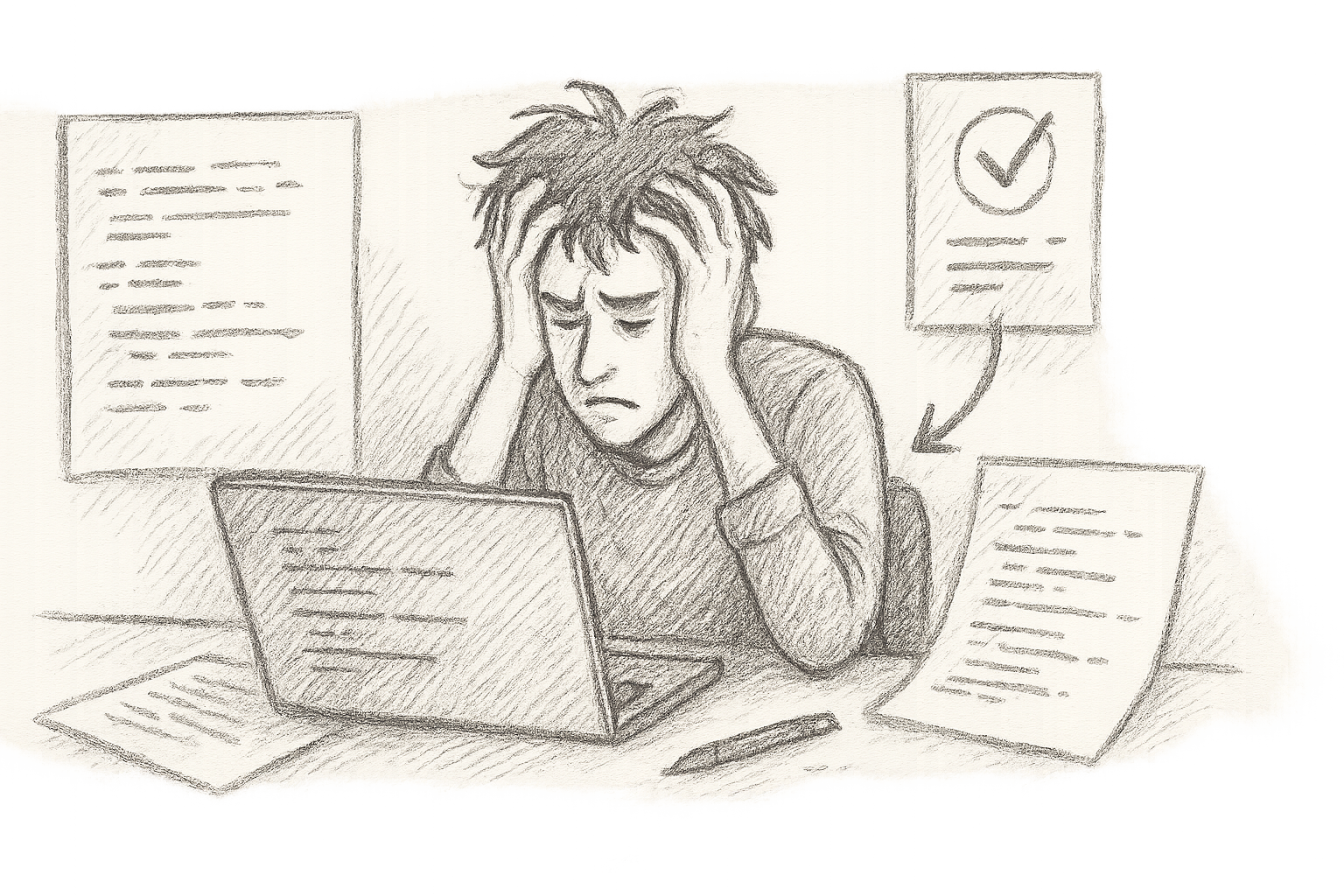 Developer frustrated at environment setup with cluttered scripts and approvals visible