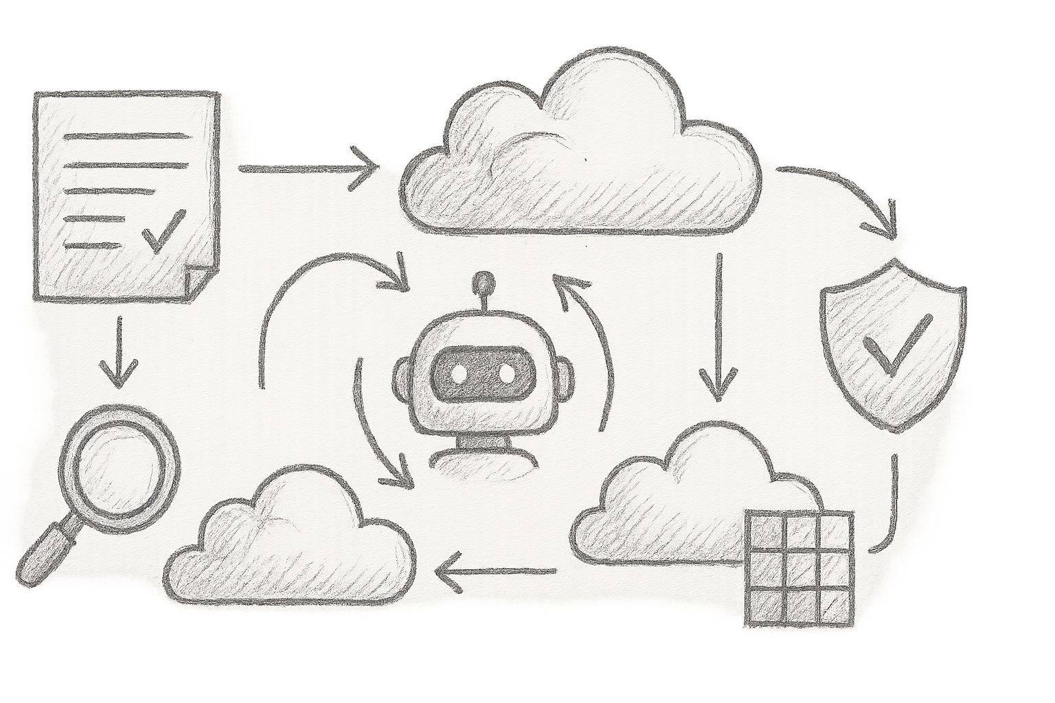 A conceptual diagram illustrating AI-driven cloud security automation orchestrating compliance, runtime protection, and governance across multi-cloud environments.