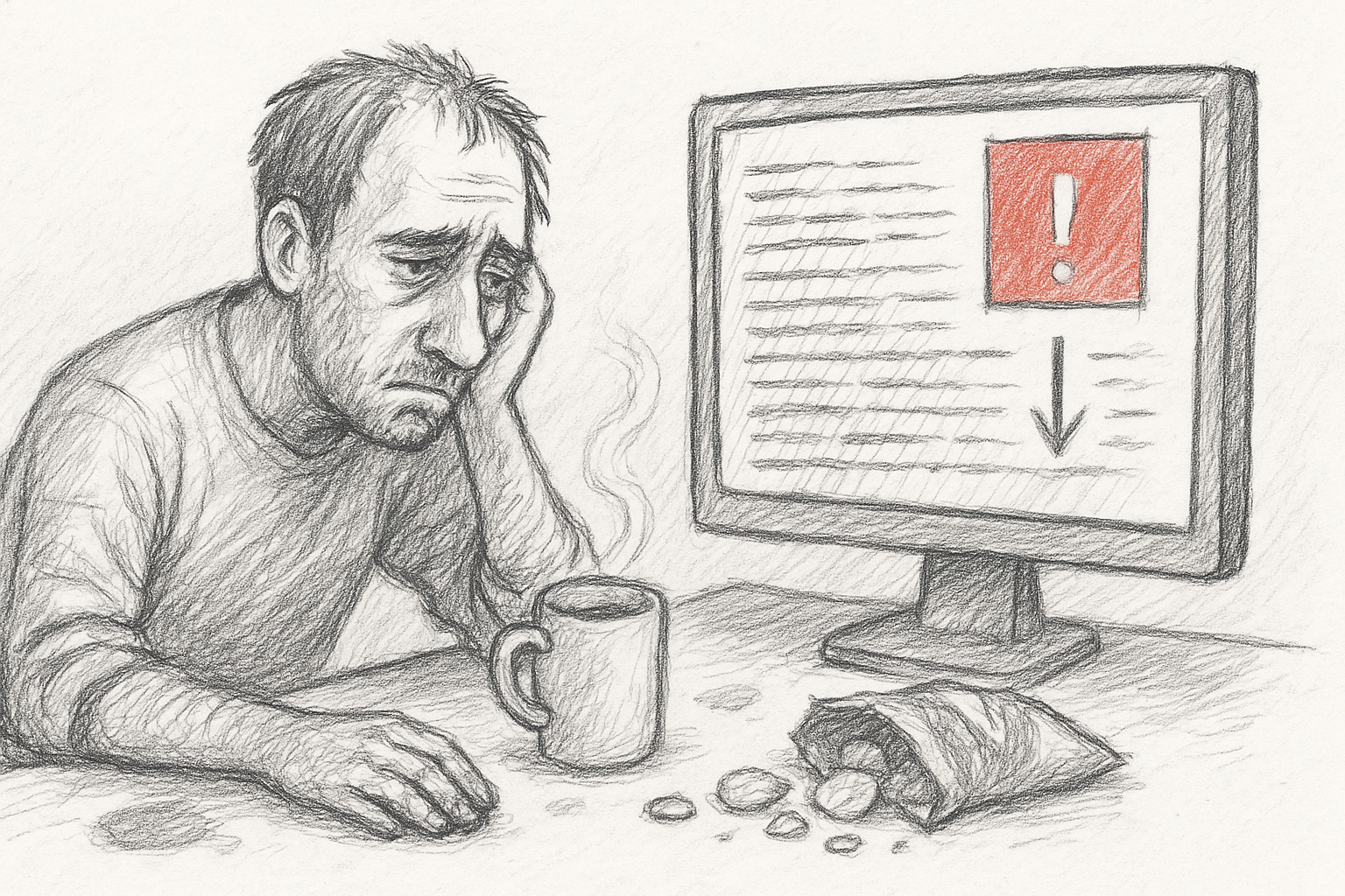 A war-weary DevOps engineer staring at a terminal showing kernel logs under red alert, coffee stains on desk and a half-empty packet of crisps nearby